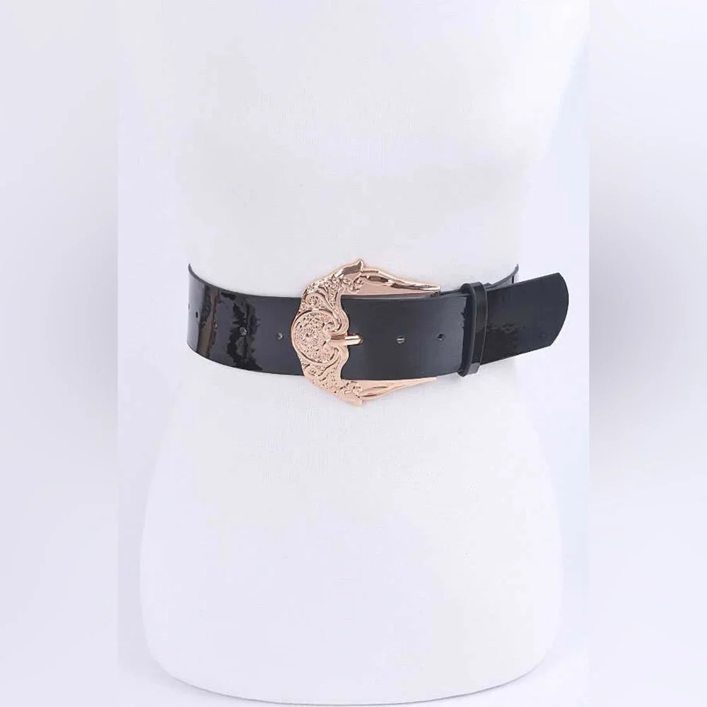 Plus Size Black & Gold Patent Leather Statement Belt